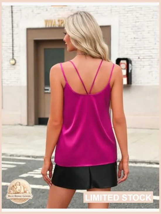 Satin Camisole Top V Neck Spaghetti Strap Cross Back Summer Blouse Chic - Picture 2 of 7